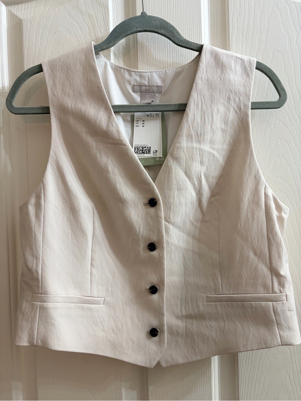H&M Women's Light Cream Tailored Vest with Black Buttons